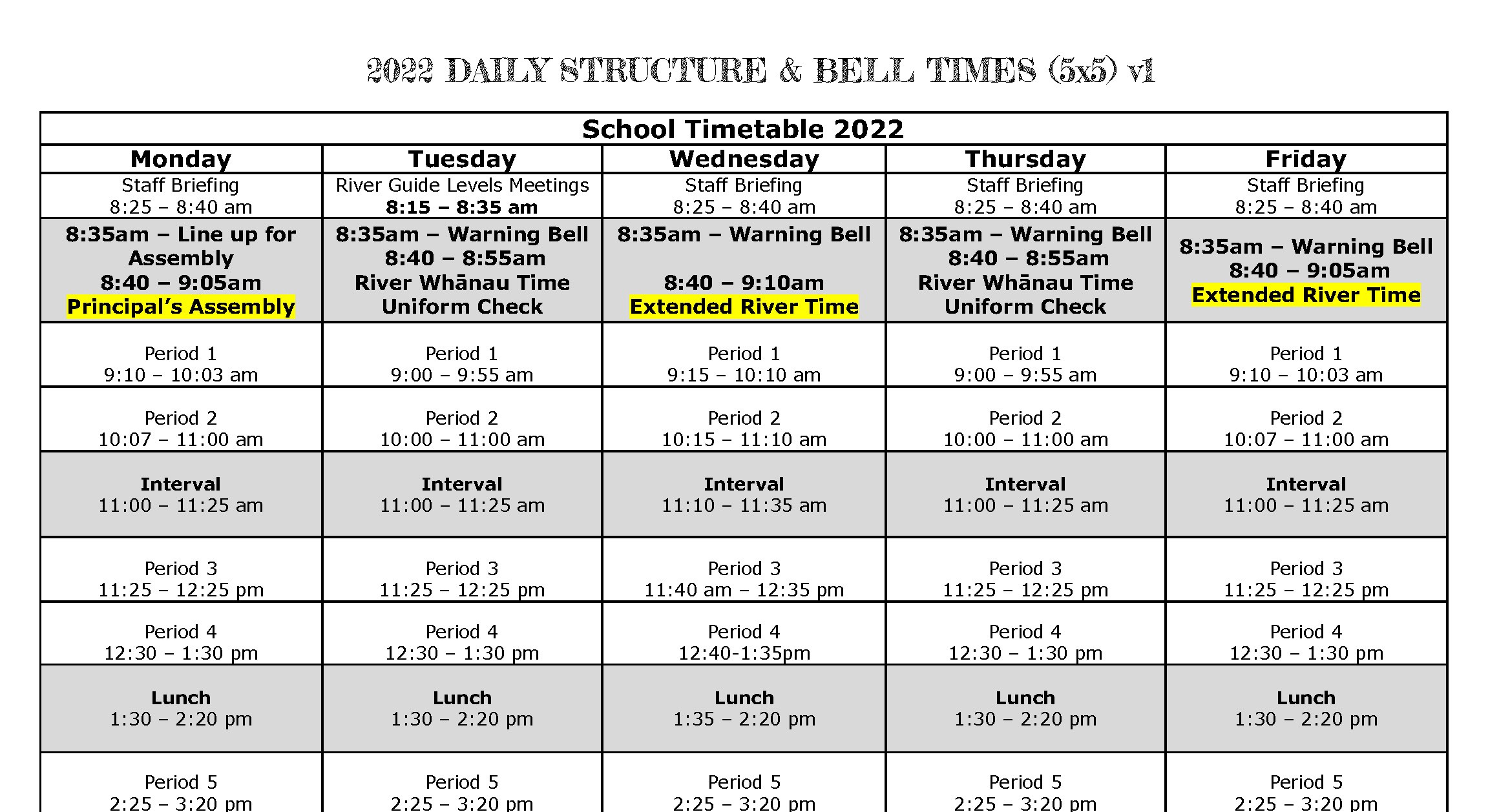 2022 DAILY STRUCTURE & BELL TIMES